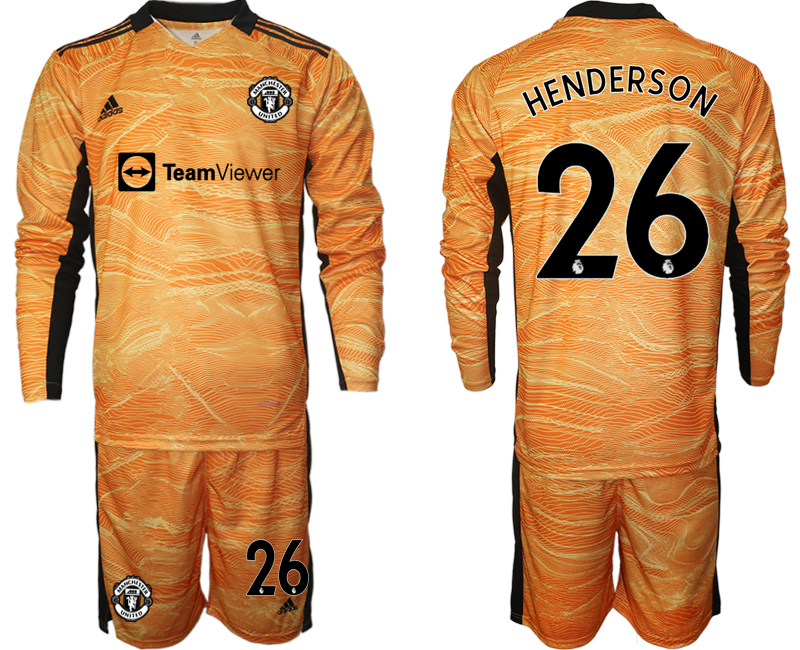 Men 2021-2022 Club Manchester United orange yellow goalkeeper Long Sleeve #26 Soccer Jersey